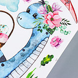 Наклейка пластик интерьерная цветная ростомер "Динозаврик и корзина с цветами" 50х70 см, фото 3