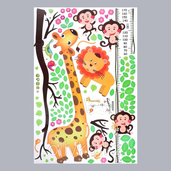 Наклейка пластик интерьерная цветная ростомер "Жираф и мартышки на лиане" 60х90 см - фото 2 - id-p110945859