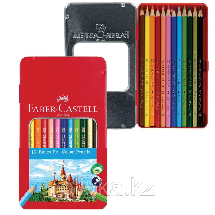 Карандаши цветные Faber-Castell "Замок", 12 цветов, шестигранные, заточенные, в металлической коробке - фото 1 - id-p110930354