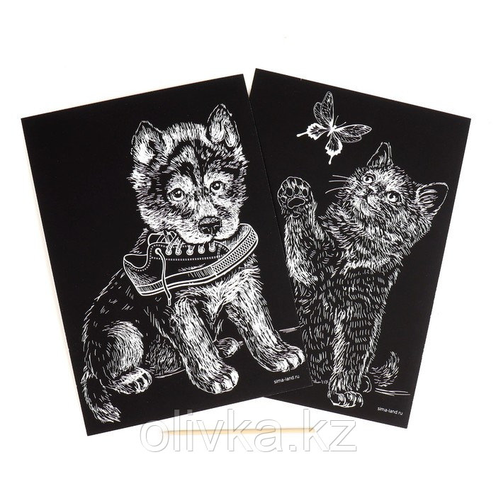 Набор гравюр А5 «Котёнок и щенок» 2 шт., с металлическим эффектом «серебро» - фото 3 - id-p110929483