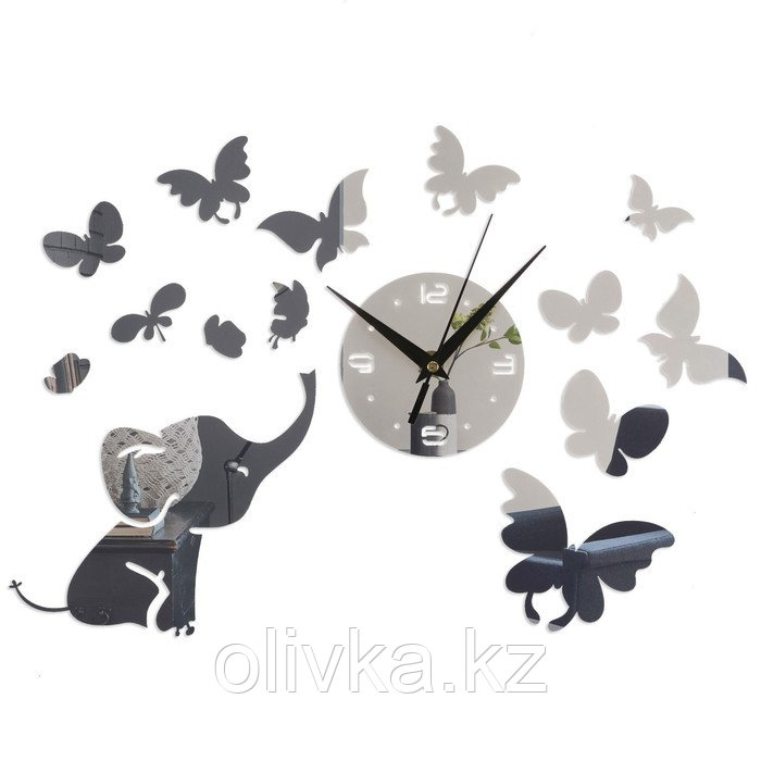 Часы-наклейка, серия: DIY, "Слоник, бабочки", d-10 см, композиция 30 х 55 см, 1 ААА, серебро - фото 1 - id-p110942974