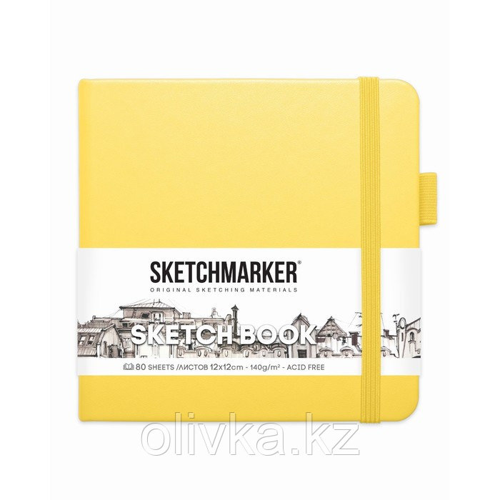 Скетчбук Sketchmarker, 120 х 120 мм, 80 листов, твёрдая обложка из искусственной кожи, лимонный, блок 140 г/м2 - фото 2 - id-p110948008