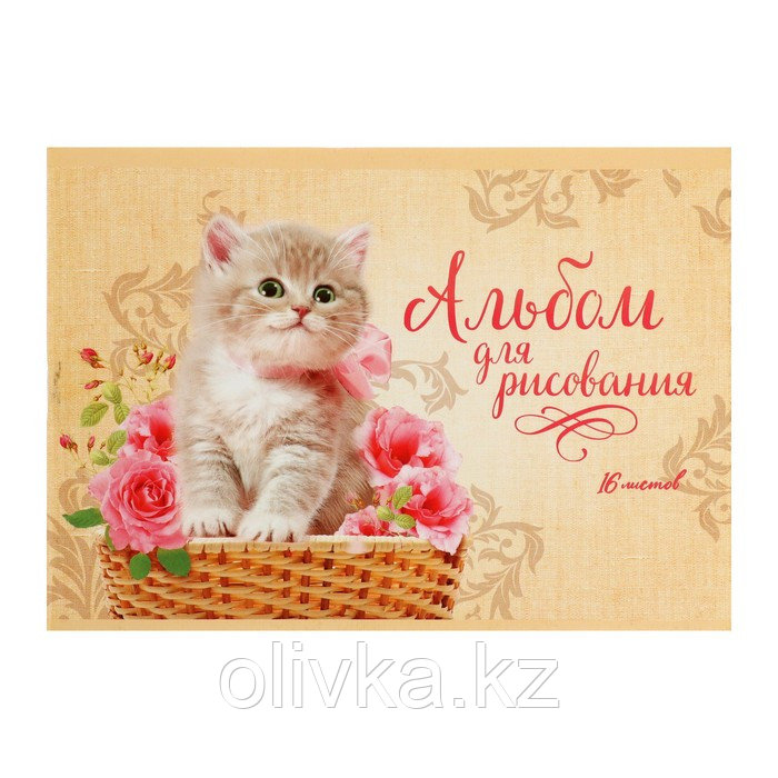 Альбом для рисования А5, 16 листов на скрепке "Котёнок в корзине", обложка мелованный картон, внутренний блок - фото 1 - id-p110910458