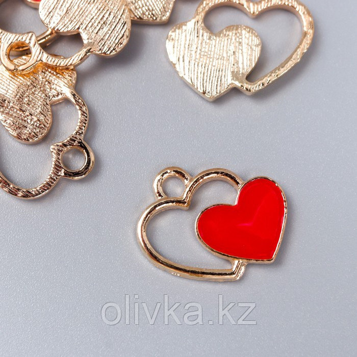 Декор для творчества металл, эмаль "Два сердца" красный с золотом 1,5х1,7 см - фото 1 - id-p110934464