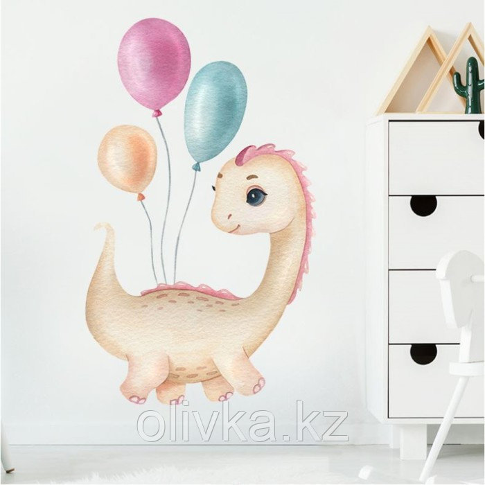 Наклейка пластик интерьерная цветная "Динозаврик с воздушными шарами" 30х60 см