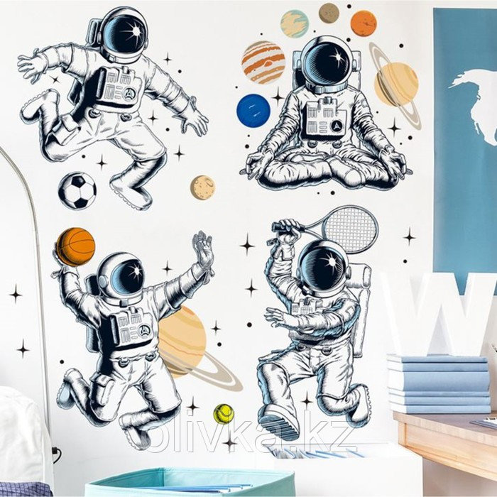 Наклейка пластик интерьерная цветная "Космонавты и спорт" набор 2 листа