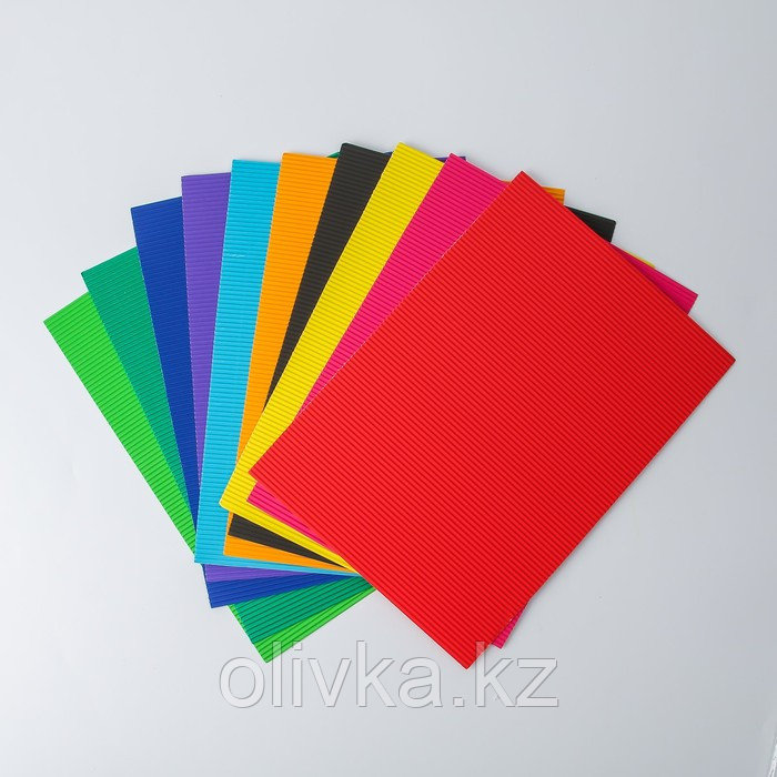 Набор цветного картона "Гофрированный" 10 листов 10 цветов, 180г/м2, 21х29,7 см - фото 1 - id-p110920322