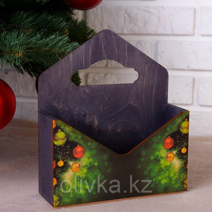 Кашпо деревянное "Конверт, Новогодний №2", деревянная ручка, чёрное, 20,5×18×6 см - фото 1 - id-p110918487
