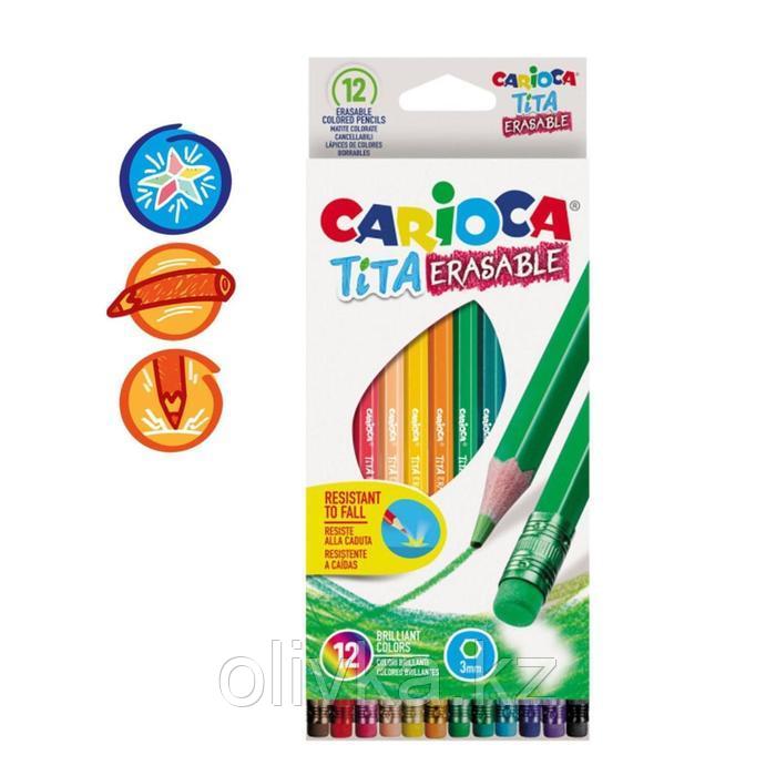 Карандаши 12 цветов Carioca "Tita Erasable", стираемые, яркий грифель 3.0 мм, шестигранные, пластиковые, - фото 1 - id-p110914978