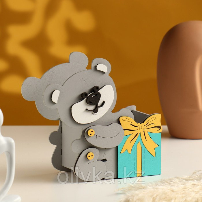 Подарочная упаковка "Мишка с подарком" 17х8х16 см серый пастель-тиффани - фото 1 - id-p110928838