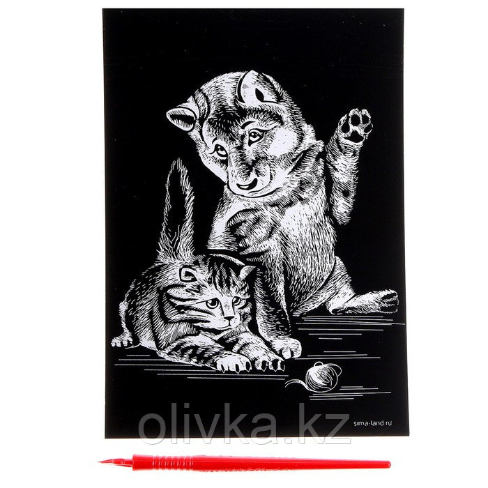 Гравюра «Котёнок и щенок» с металлическим эффектом серебра А5 - фото 2 - id-p110917716