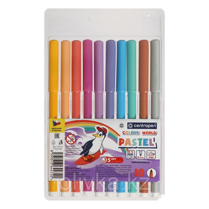 Фломастеры 10 цветов 2.0 мм Centropen 7550 TP Colour World Pastel, смываемые, европодвес - фото 1 - id-p110922378