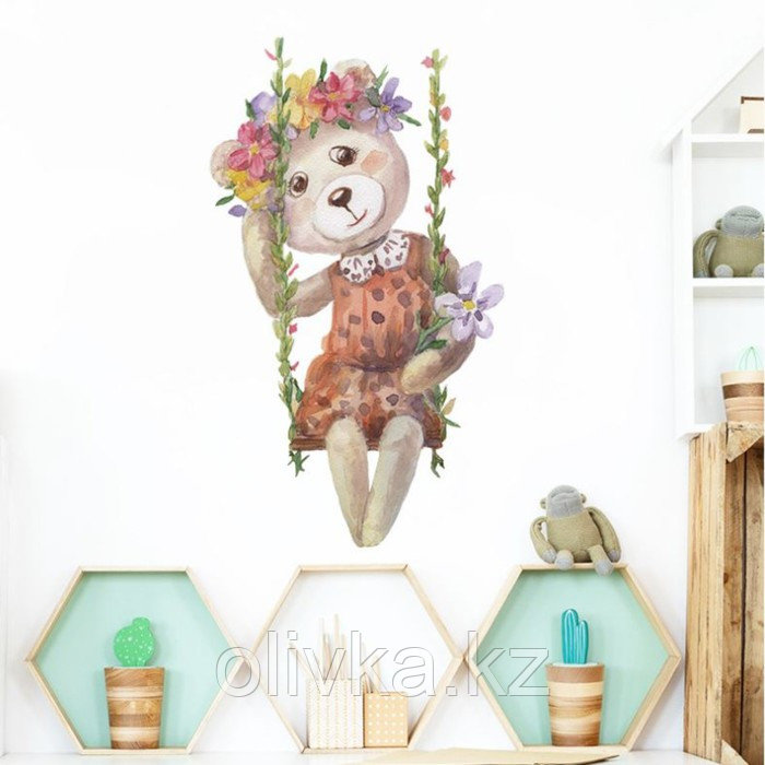 Наклейка пластик интерьерная цветная "Ретро. Медведица на качелях с цветами" 35х60 см