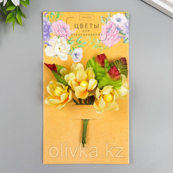 Цветы для декорирования "Циния" 1 букет=6 цветов 9 см жёлтый - фото 1 - id-p110937743