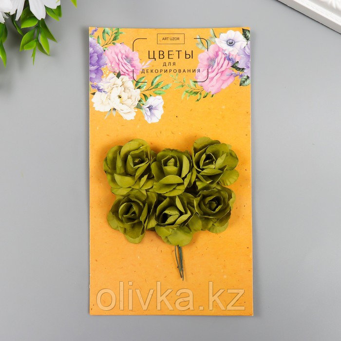 Цветы для декорирования "Чайные розы" 1 букет=6 цветов 9,5 см оливковый - фото 1 - id-p110937745