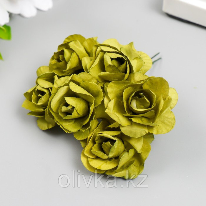 Цветы для декорирования "Чайные розы" 1 букет=6 цветов 9,5 см оливковый - фото 3 - id-p110937745