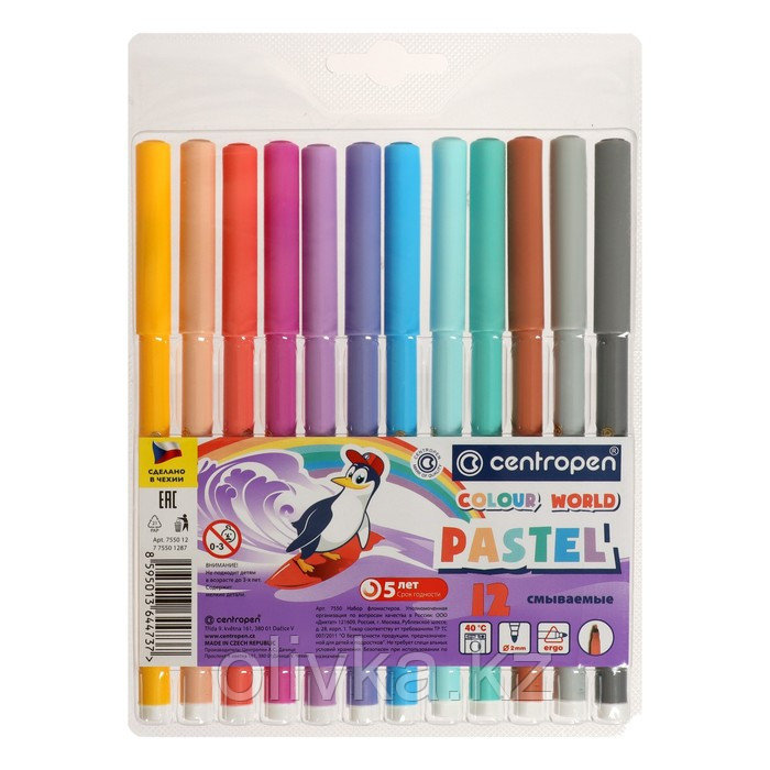 Фломастеры 12 цветов Centropen 7550 TP Colour World Pastel 2.0 мм, пастельные, блистер, европодвес - фото 1 - id-p110922488