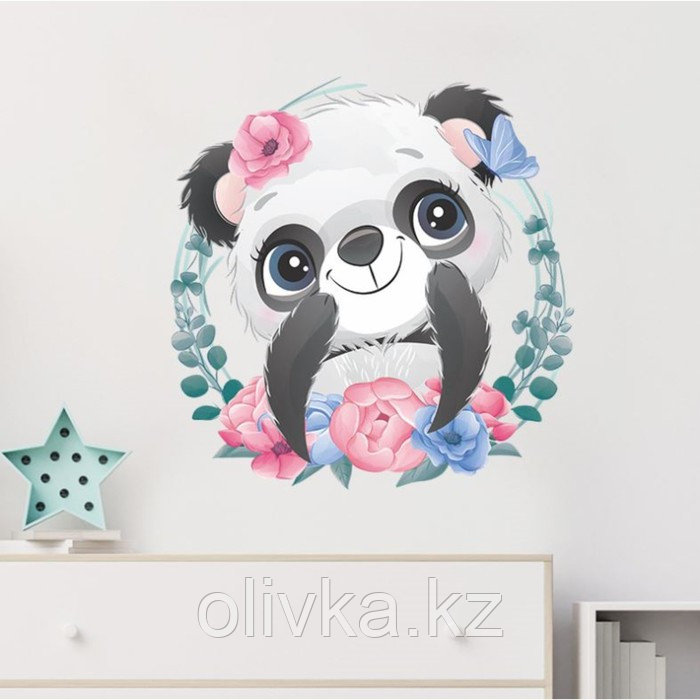 Наклейка пластик интерьерная цветная "Милая панда в цветочном венке" 39х40 см - фото 1 - id-p110934870