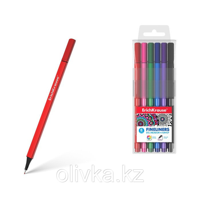 Набор ручек капиллярных 6 цветов, 0.4 мм, ErichKrause, линия 0,4 мм, трехгранный корпус, игольчатый узел, - фото 1 - id-p110922563