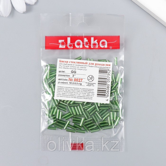 Бисер "Zlatka" стеклярус 10 г, размер 3", 6 мм, №0027 зеленый 93"78549 - фото 3 - id-p110941643