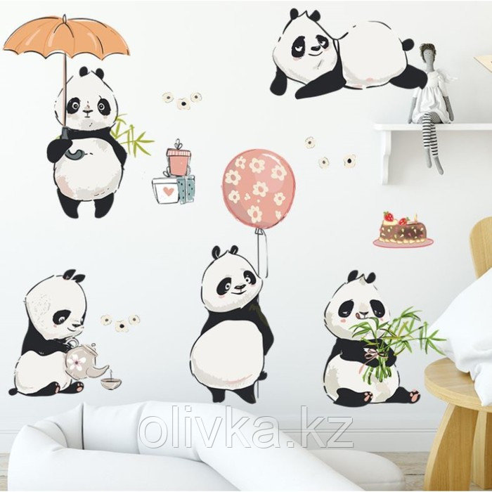 Наклейка пластик интерьерная цветная "Милые панды" набор 2 листа 30х90 см