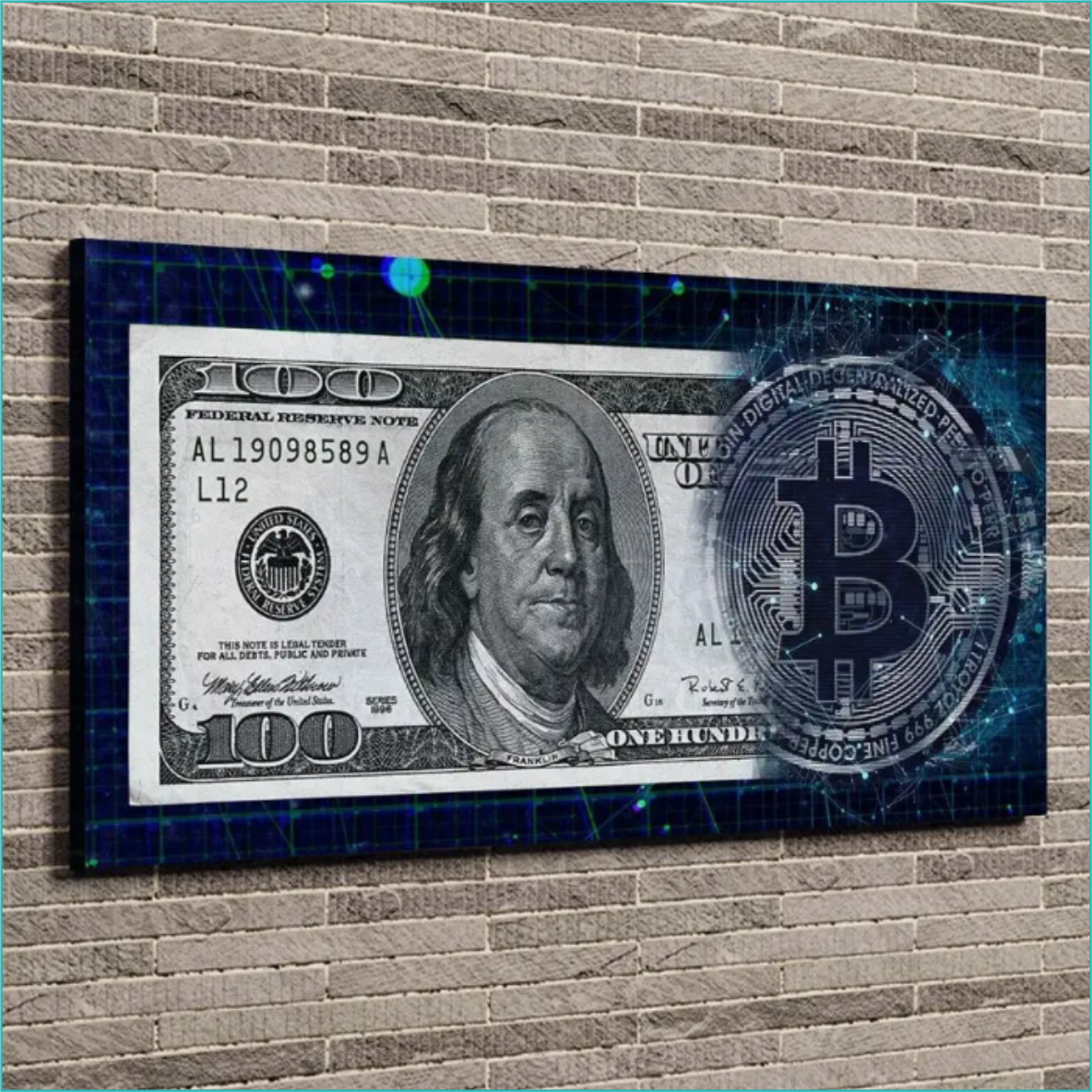 Картина на холсте "100 долларов. Биткойн" (30х60)