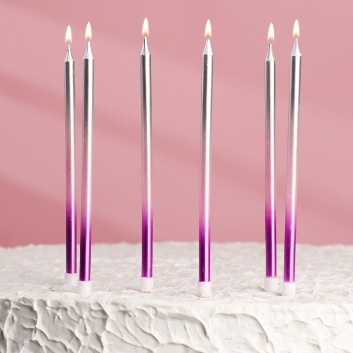 Свечи в торт "Ройс. Градиент", 6 шт, высокие, 13 см, фиолетовый, розовый, серебро 5060040 - фото 1 - id-p110969175