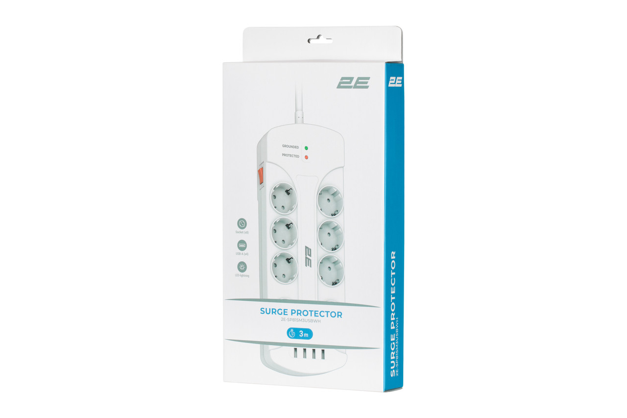 Сетевой фильтр 2E 8XSchuko с защитой от импульcных скачков напряжения, 3G*1.5мм, 4*USB-A, 3м, White - фото 6 - id-p111002572