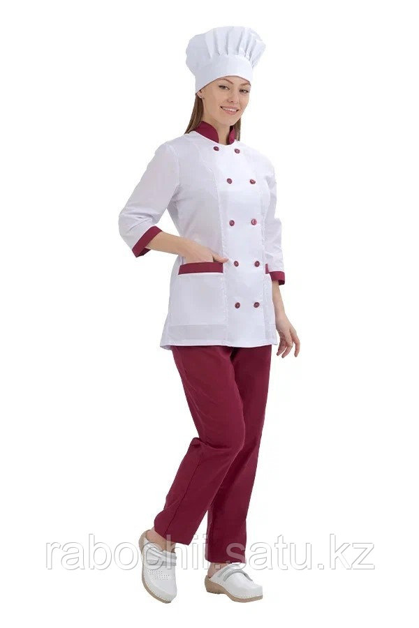 Костюм повара Анабель (женский) куртка/брюки белый/бордовый - фото 1 - id-p111003850