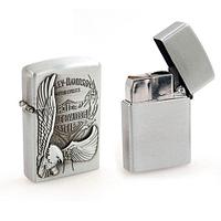 Зажигалка стальная газовая с крышкой с 3D декором VINTAGE STEEL LIGHTER (Серебряный / Орёл Harley Davidson)