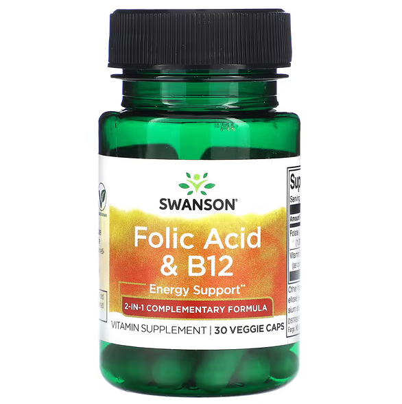Фолиевая кислота и витамин B12, 30 растительных капсул, Swanson - фото 1 - id-p111016270