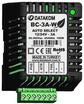Зарядное устройство Datakom BC-3A-W (12B/24В, 3А, 100-240В, на дин-рейку)