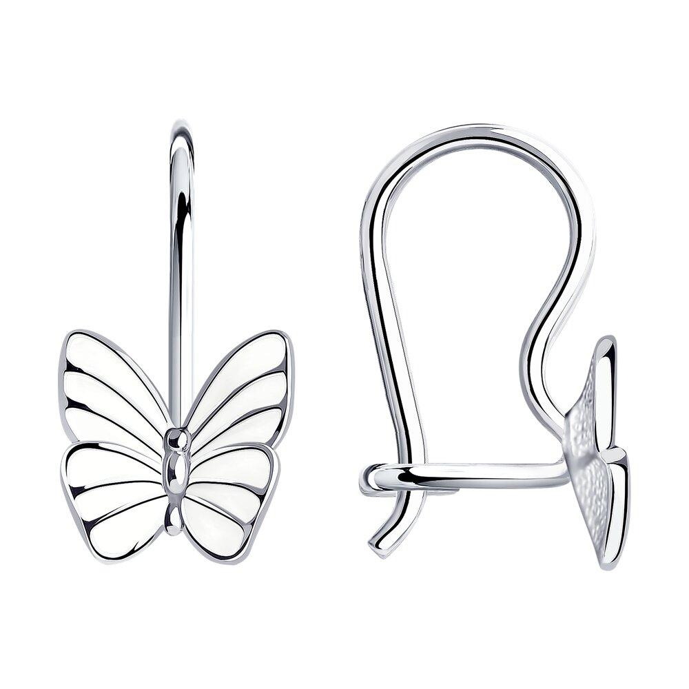 Детские серьги с белыми бабочками с эмалью SOKOLOV 94021638 серебро с родием, с французким замком, фото 1