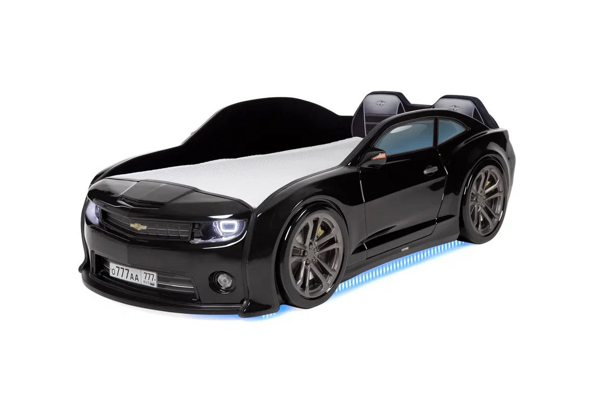 Кровать-машинка объемная (3d) EVO "Camaro" черный (матрас, подсветка фар, подсветка дна, мягкая спинка)