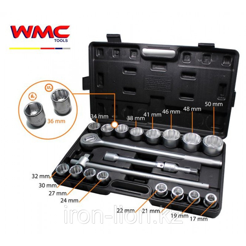 WMC tools Набор инструментов 21пр 3/4"(12гр)(17,19,21,22,24,27,30,32,34,36,36-6гр.,38,41,46,48,50мм) WMC - фото 1 - id-p111183305