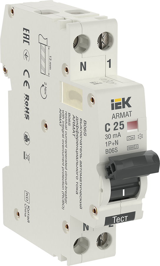 Автоматический выключатель дифференциального тока ARMAT B06S 1P+NP C25 30мА тип A (18мм) IEK