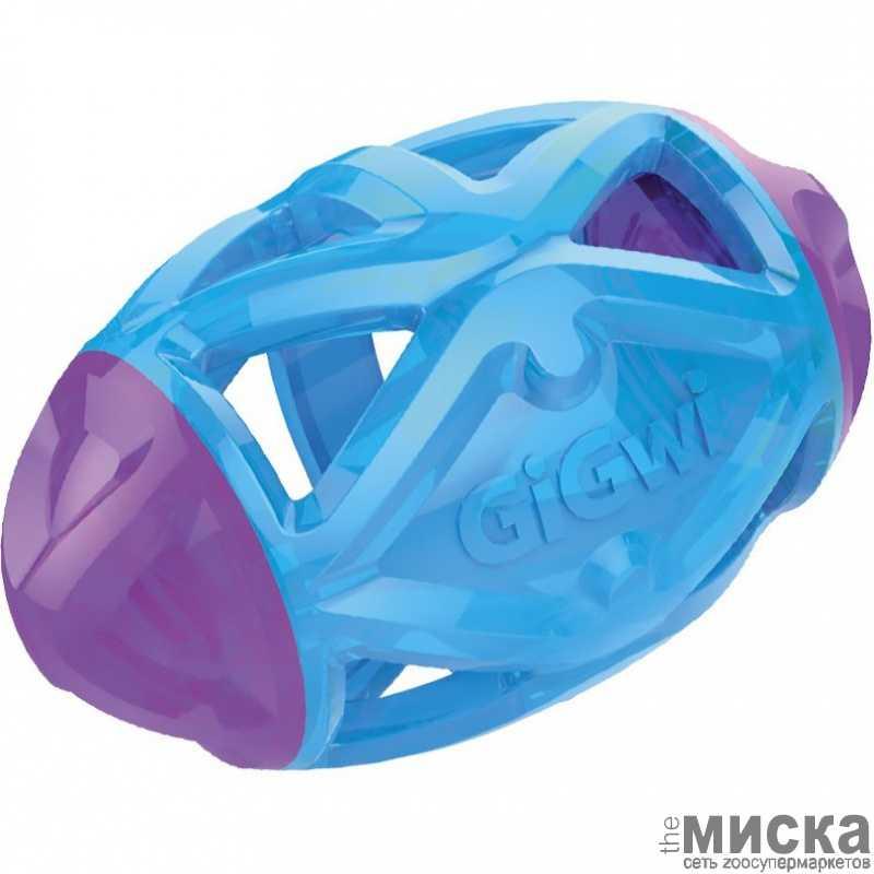 Игрушка для собак GIGWI Edge Flash Регби-мяч светящийся 15 см голубой/фиолетовый, цвет фиолетовый, голубой - фото 1 - id-p111287611
