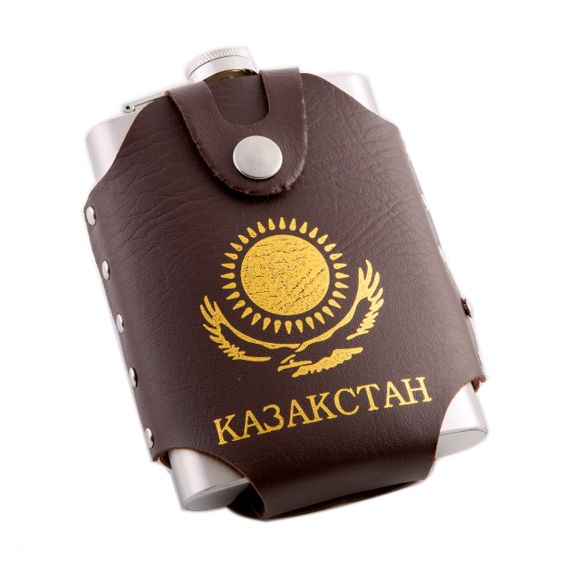 Фляга сувенирная "Казахстан" стальная нержавеющая сталь с кожаным чехлом 250мл