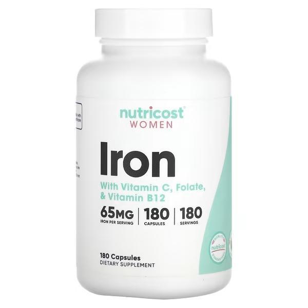 Nutricost, Железо (хелат), 65 мг, с фолатом, витаминами С и B12, 180 капсул - фото 1 - id-p111349891