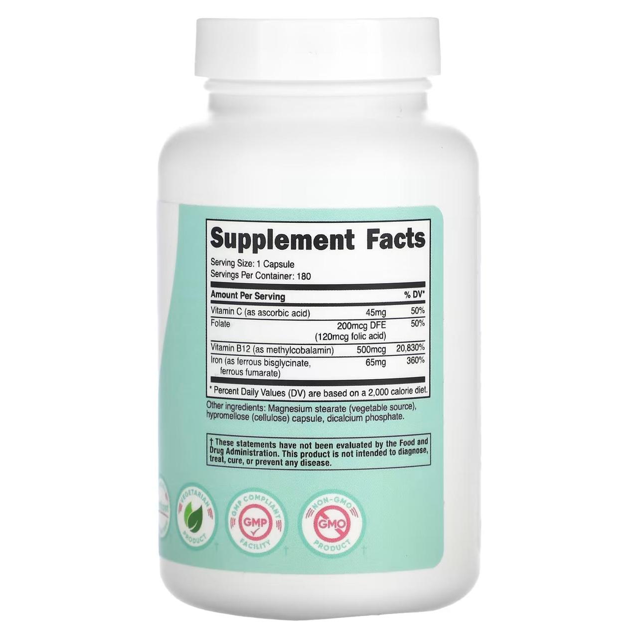 Nutricost, Железо (хелат), 65 мг, с фолатом, витаминами С и B12, 180 капсул - фото 2 - id-p111349891
