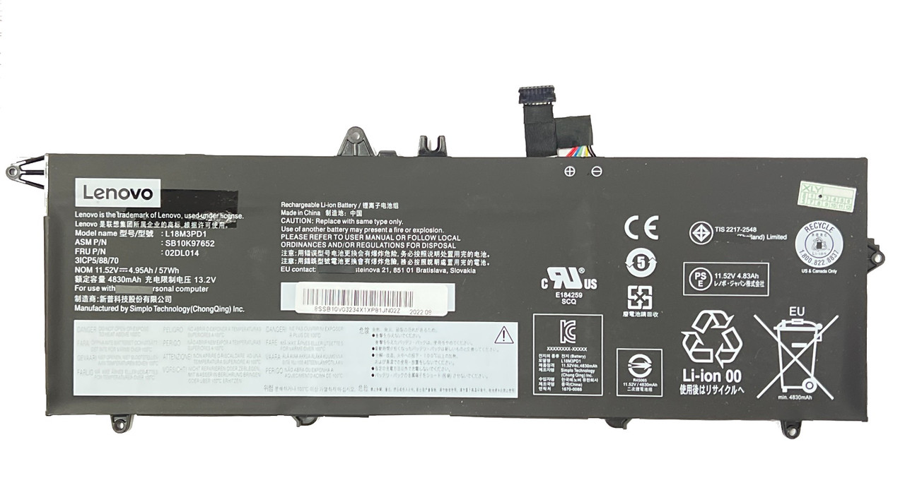 Аккумулятор для ноутбука Lenovo ThinkPad T490s T495s T14s L18M3PD1 L18L3PD1 L18M3PD2 L18C3PD2 11.58V 57Wh