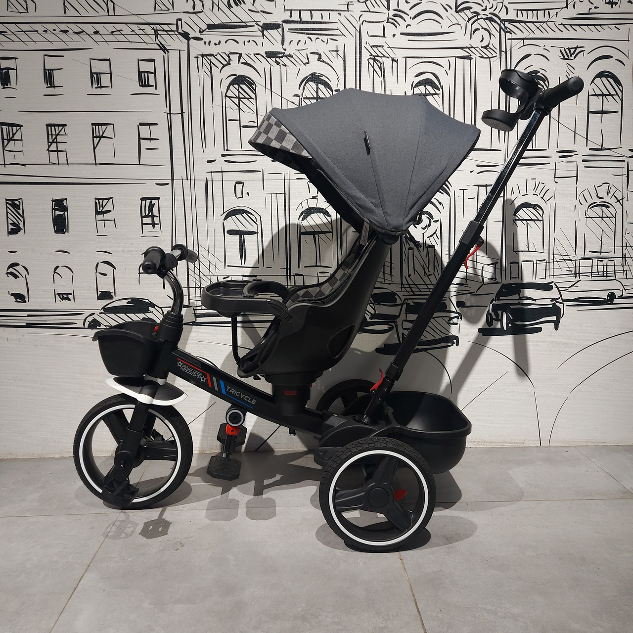 Ультра Комфортный Детский трехколесный велосипед с родительской ручкой и капюшоном. Велоколяска. - фото 7 - id-p111370324