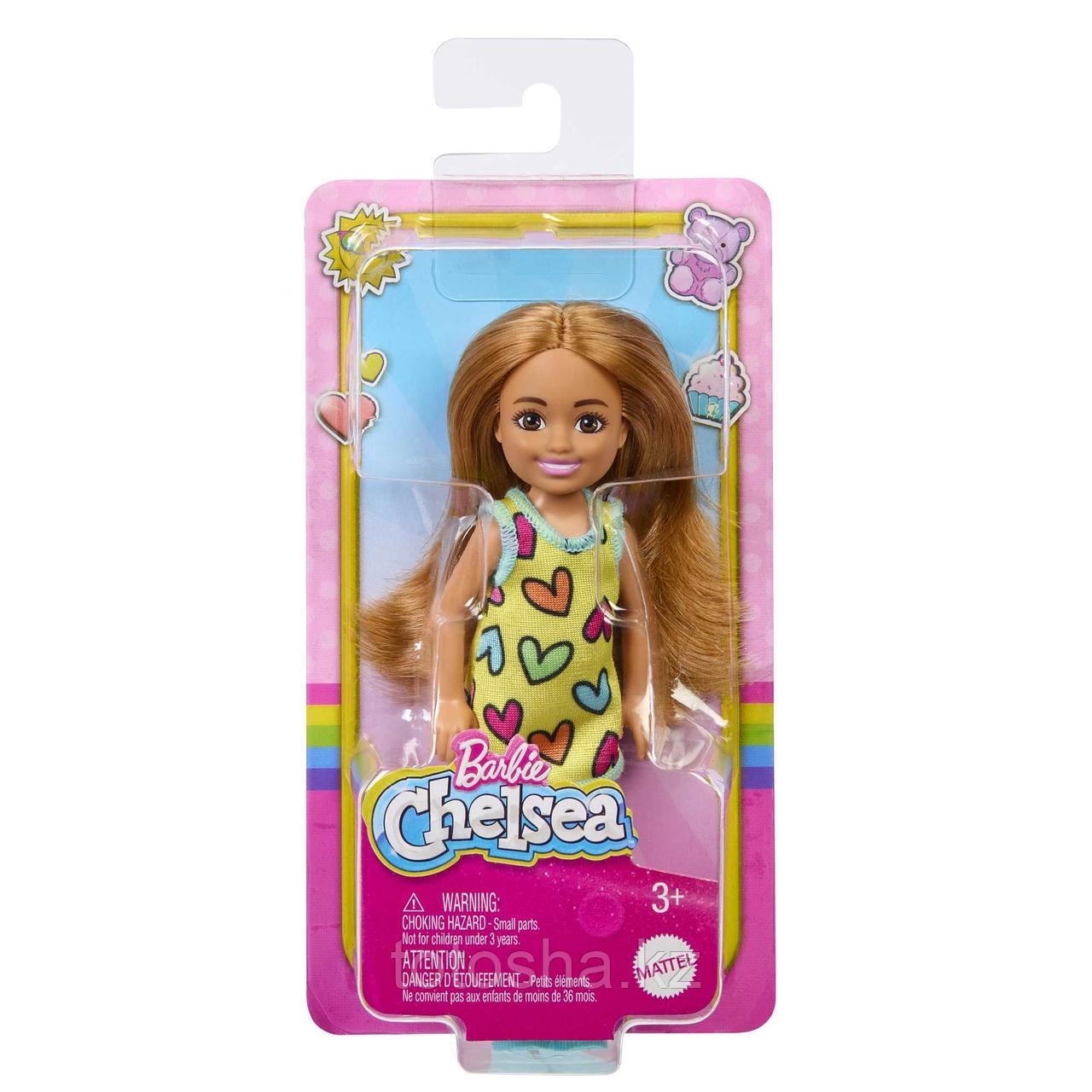 Кукла Barbie Chelsea "Челси брюнетка в платье с принтом сердечки", Mattel DWJ33/HNY57