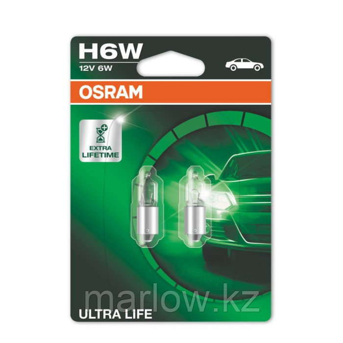 Лампа автомобильная Osram Ultra Life, H6W, 12 В, 6 Вт, набор 2 шт, 64132ULT-02B - фото 1 - id-p111429710