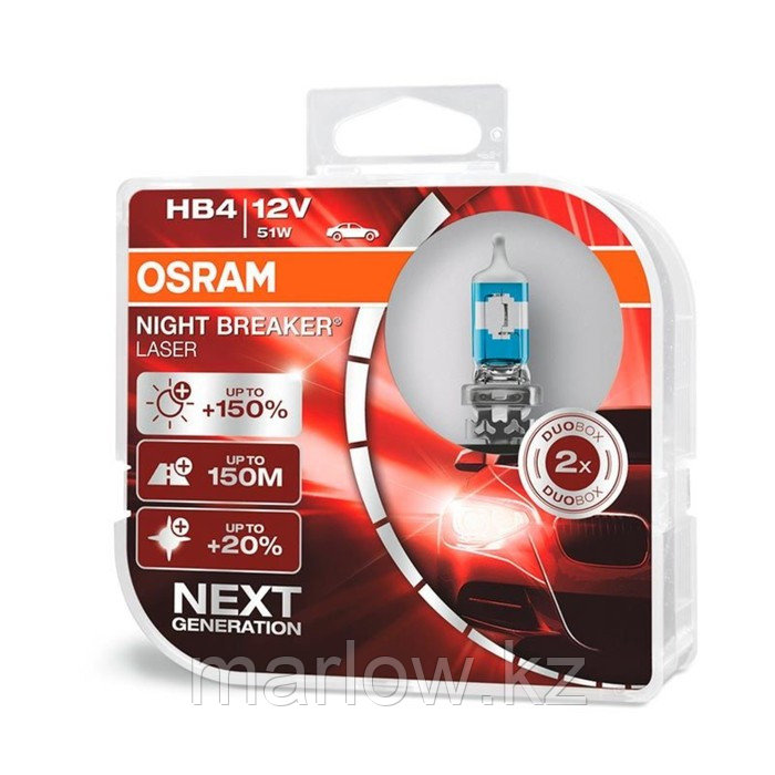 Лампа автомобильная Osram Night Breaker Laser +150%, HB4, 12 В, 51 Вт, 2 шт, 9006NL-HCB 4666 - фото 1 - id-p111429747