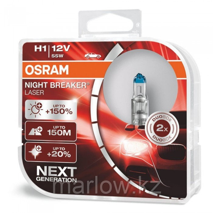 Лампа Osram Night Breaker Laser +150%, H1, 12 В, 55 Вт, набор 2 шт, 64150NL-HCB - фото 1 - id-p111427796