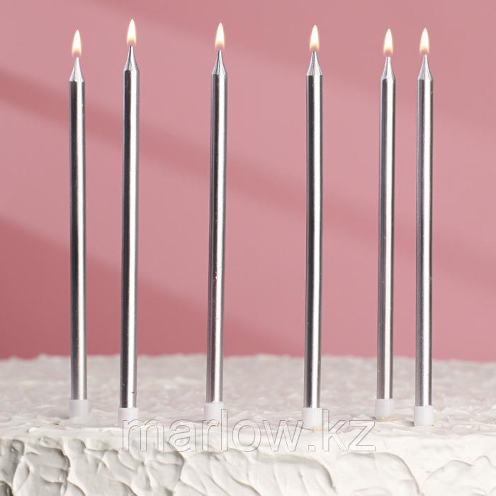 Свечи в торт "С днём рождения" 6 шт, высокие, Серебристый металлик - фото 1 - id-p111430756