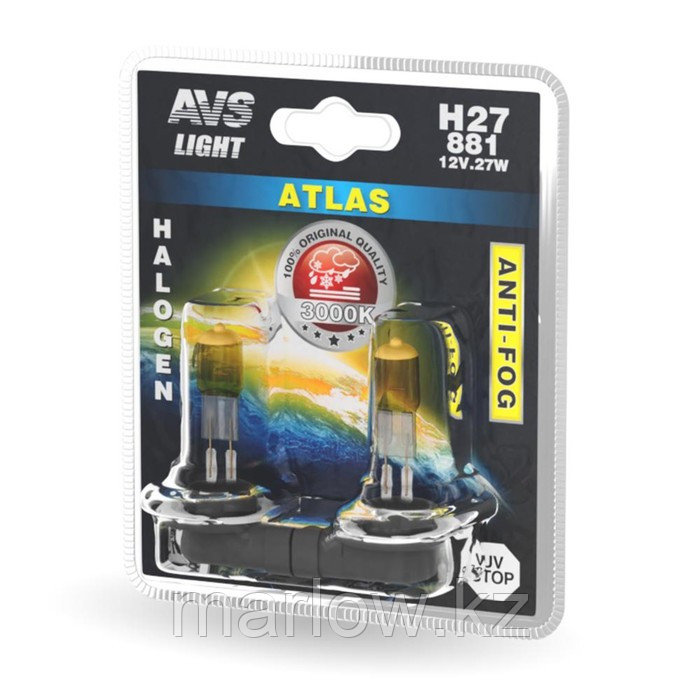Лампа автомобильная AVS ATLAS ANTI-FOG, желтый, H27/881 12 В, 27 Вт, набор 2 шт - фото 1 - id-p111427869