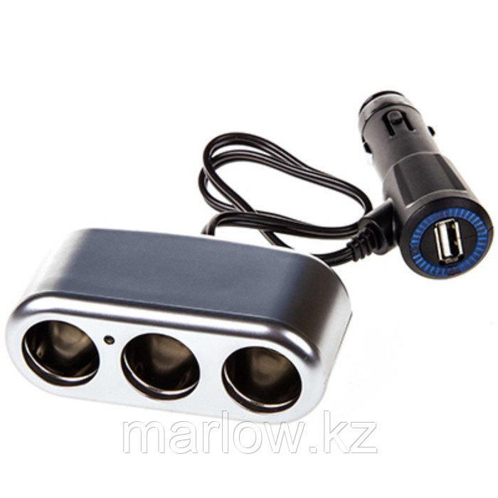 Разветвитель прикуривателя 3 гнезда + USB Skyway серебристый, предохранитель 10А, USB 1A - фото 1 - id-p111426921