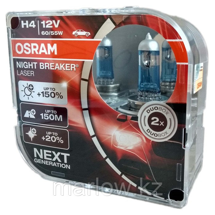 Лампа автомобильная Osram Night Breaker Laser +150%, H4, 12 В, 60/55 Вт, набор 2 шт, 64193NL-HCB - фото 1 - id-p111428920